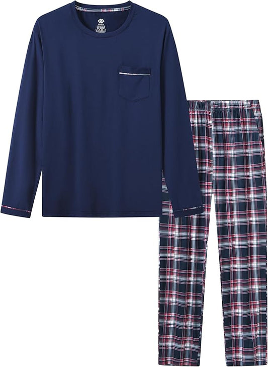 MoFiz Men's Pajamas Plaid Sets Sleepwear Sleep Long Sleeve Shirts and Pants Pajama Set Soft Mens Pjs Lounge Set with Pockets