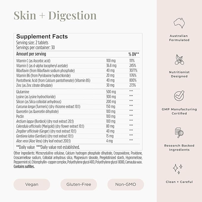 JSHealth Vitamins Skin and Digestion Formula | Skin Supplement with Zinc | Burdock Turmeric | Clear Healthy Skin | Acne Treatment for Teens and Adults | (60 Tablets)