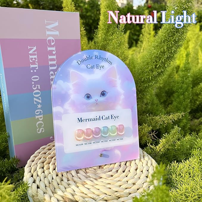 Double Rhythm Cat Eye Gel Nail Polish Set of 6 Same Color Same Bottle 0.5 Oz Shimmer Glitter with Magnet Holographic Reflective Magnetic UV Nail Polish Kit at Home (Nude Pink Green Purple-T6-29)