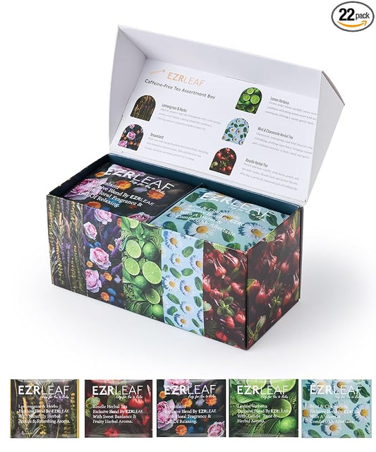 EZR Leaf Decaf Herbal Tea Sampler-22CT Pyramid Bags with Natural Fruit & Floral Blends – Caffeine-Free Assorted Tea Gift Set for Women & Men Blend Lemon Verbena x4, Lemongrass & Herbs x5, Mint & Chamomile x4,Dreamland x5, Roselle x4
