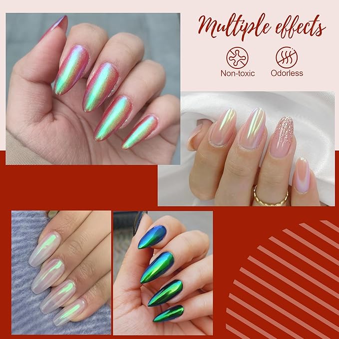 Artdone Green Aurora Chrome Nail Powder, Iridescent Unicorn Powder Metallic Mirror Effect Pigment Pearlescent Mermaid Pearl Glitter Dust Kit, Nail Art Decoration, Resin Craft