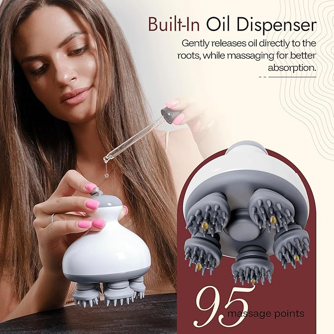 Electric Scalp Massager Hair Care w/ 4 Massage Modes & Oil Compartment - Head Massager Scalp Comfort - Removable Silicone Heads, Rechargeable, Soothing Sensation - Portable Cordless Scalp Massager