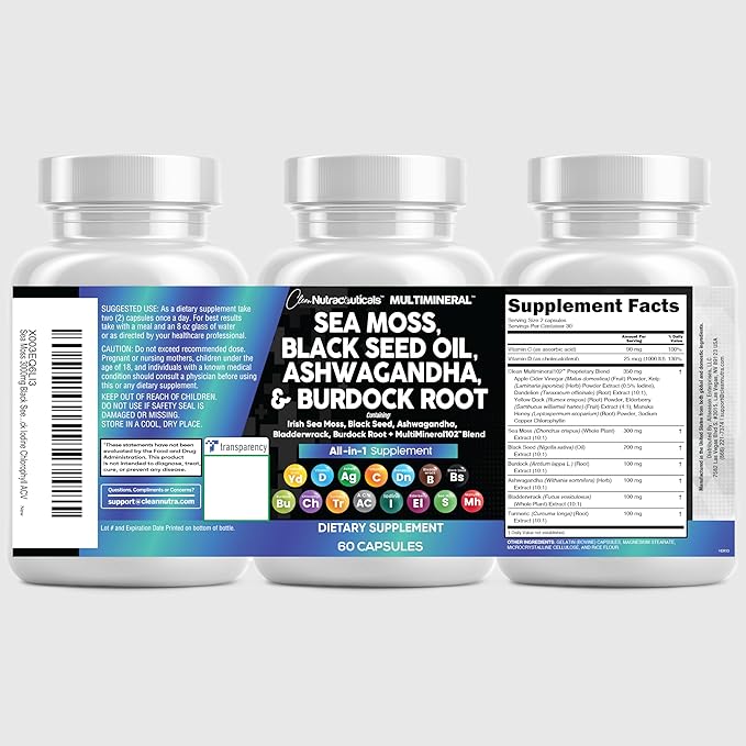 Sea Moss Black Seed Oil Ashwagandha Turmeric Bladderwrack Burdock & Vitamin C Vitamin D3 with Elderberry Manuka Dandelion Yellow Dock Iodine Chlorophyll ACV