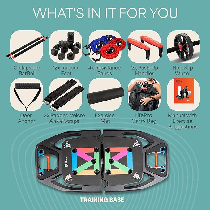 Lifepro Portable Home Gym with Push Up Training Board for Full Body Workouts Push Up Rack Board with 4 Resistance Bands - Home Workout kit Platform for Home Workouts