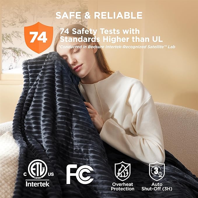 Bedsure GentleSoft Heated Blanket Throw - Soft Ribbed Flannel Electric Blanket, Heating with 4 Time Settings, 6 Heat Settings, and 3 hrs Timer Auto Shut Off, Gifts for Grandma (50x60 inches, Black)