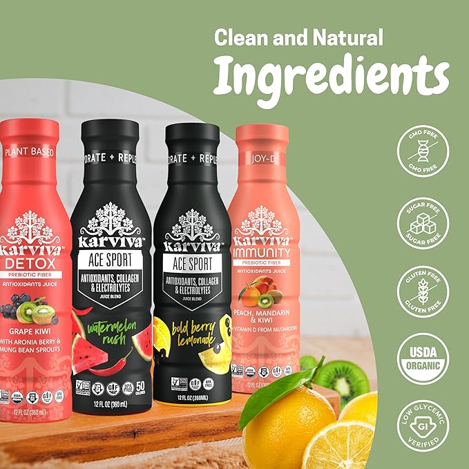 Karviva Organic Juice Cleanse & Skin Glowing Pack – Detox & Collagen Boost, Low-Sugar, High Fiber, Antioxidants & Vitamins – Ancient Remedies For Weight Control & Sugar Detox, 1–3 Day Use (6 BPA-Free Bottles, 12 oz each)