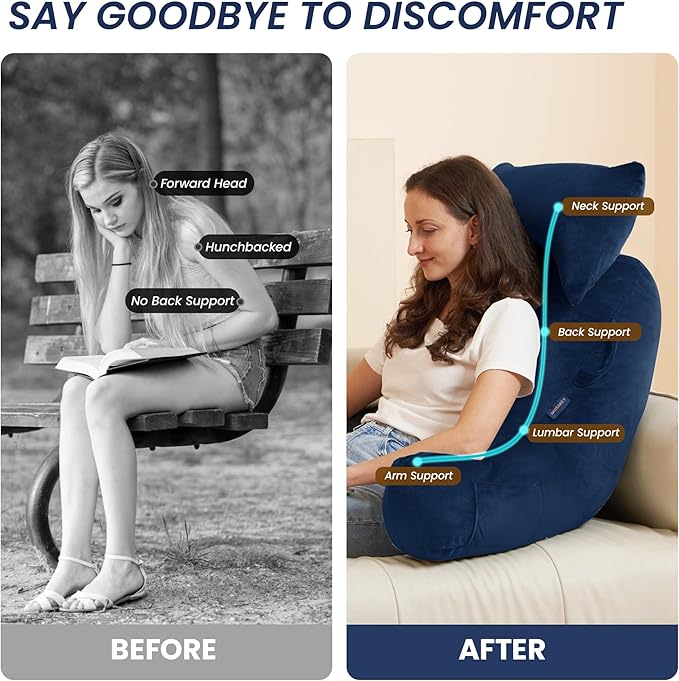 Portable Reading Pillows with Headrest for Bed Sitting Up(Royal Blue Oeko-Tex), Velvet Back Pillow with Arms & Pockets for Adults, Support Memory Foam Bed Pillow for Dorm/Watching/Gaming
