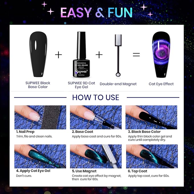 Cat Eye Gel Nail Polish Set - 12 Colors 9D Magnetic Nail Polish Gel Galaxy Cateye Nail Gels Polishes with 1 Black Gels and Magnetic Lamp Cure Required Home Manicure DIY Nail Art