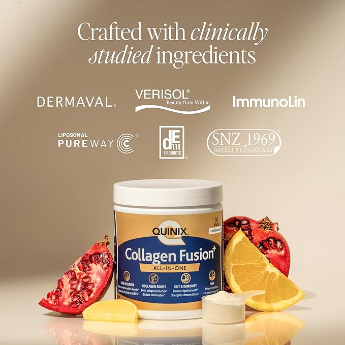 QUINIX Collagen Fusion+ 7-in-1 | VERISOL Collagen Peptides, ImmunoLin IgG, Vitamin C, Hyaluronic Acid, Dermaval & Probiotics | Skin, Hair & Nails, Gut & Immune Support | Unflavored Powder, 30 Servings