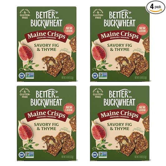 Maine Crisp Savory Fig & Thyme Crisps, 4 Pack, Vegan Gluten Free Crackers - Snack Crackers, Grain Free, Dairy Free, Non-GMO - Sweet & Savory Flavor, For Cheese Boards, Salad Toppings & Jams