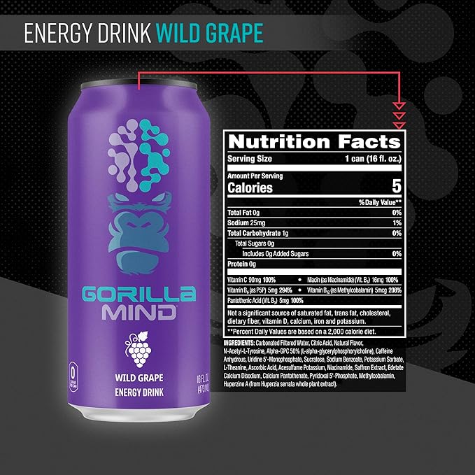 Gorilla Mind Energy Drink | Unmatched Energy · Amplified Focus | N-Acetyl-L-Tyrosine, Alpha-GPC, 200mg Caffeine, Uridine, Saffron | 0 Sugar Or Artificial Colors | 16oz, 12-Pack (Wild Grape)