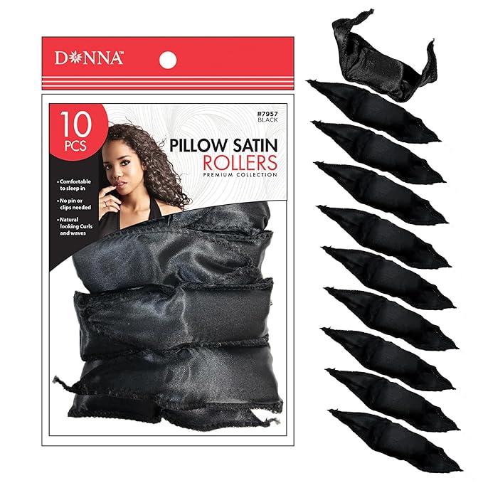 DONNA Satin Pillow Rollers Large 10pcs Foam Rollers for Heatless Hairdressing and Styling with Hair Clips - BLACK