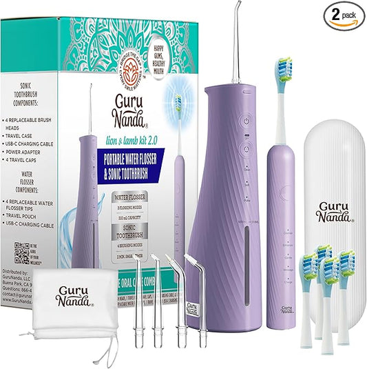 GuruNanda Lion & Lamb Kit 2.0, Electric Toothbrush with Water Flosser Combo, 4 Jet Tips, 4 Brush Heads, & IPX7 Waterproof Design for Complete Oral Care, Lavender