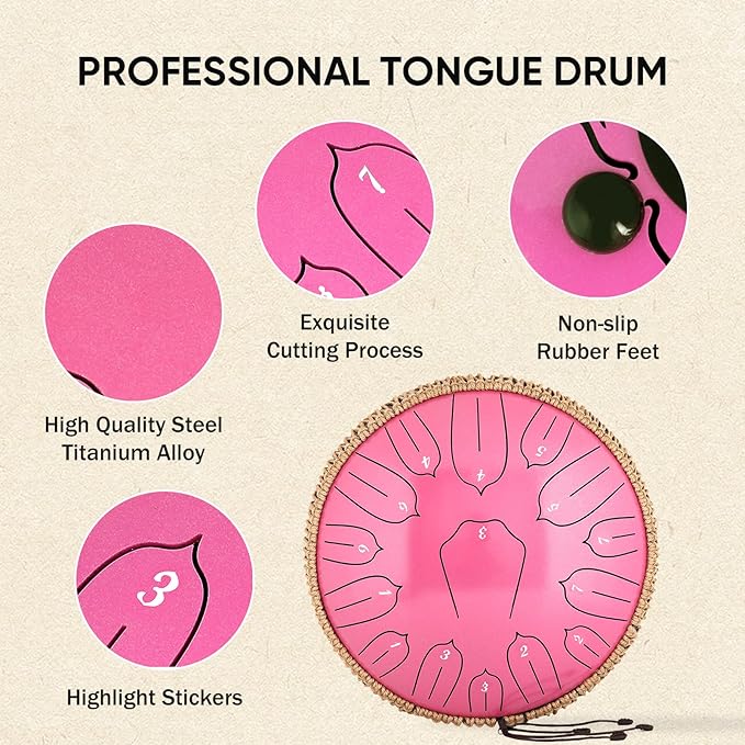 Steel Tongue Drum 12 Inch 15 Notes: Handpan Drums Set with Music Book Mallets Carry Bag - Hand Pan Instrument for Adults Musical Education Meditation Yoga Chakra(Pink)