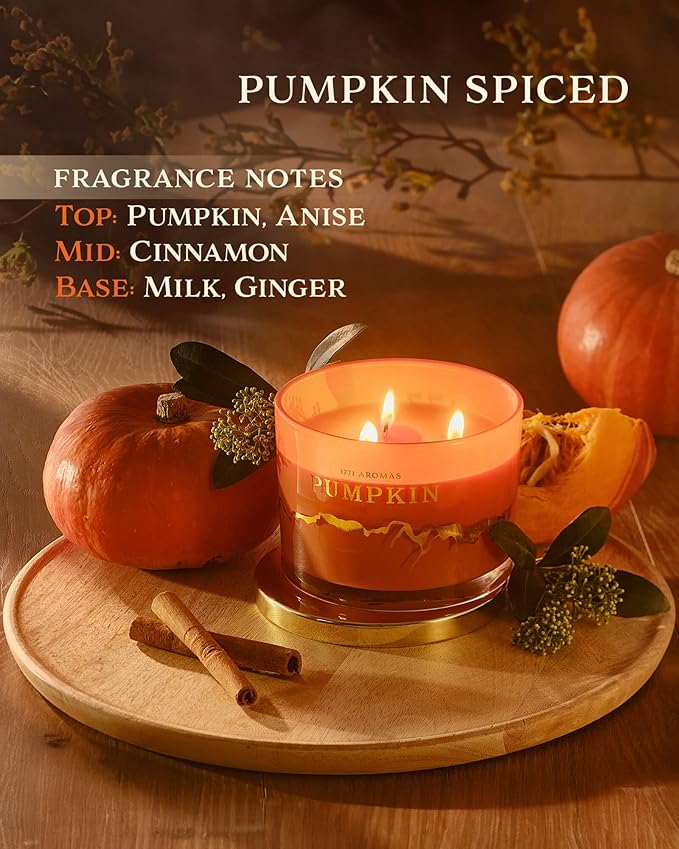 Pumpkin Spice Scented Candles - Fall Candles - 100% Natural Soy Wax - Large 3 Wick Jar Candle - Up to 50 Hours Burning - Gift-Ready Candle for Men & Women - Aromatherapy Candles