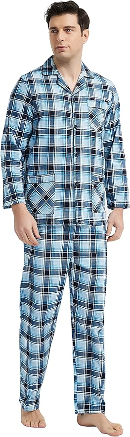 GLOBAL Men's Pajamas Sets 100% Cotton Flannel Sleepwear Long-Sleeve top & Bottom