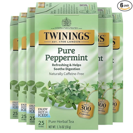 Twinings Pure Peppermint Herbal Tea Individually Wrapped Bags, 25 Count (Pack of 6), Fresh Minty Flavour, Naturally Caffeine-Free, Enjoy Hot or Iced, 150 Teabags