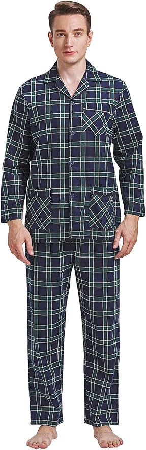 GLOBAL Men's Pajamas Sets 100% Cotton Flannel Sleepwear Long-Sleeve top & Bottom