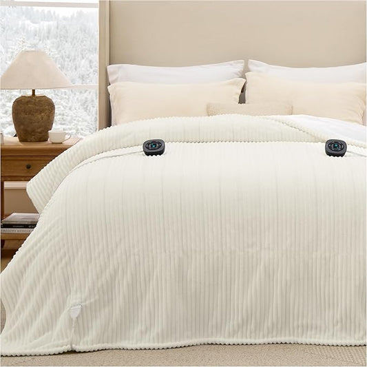 Bedsure GentleSoft Electric Blanket King Size - Soft Ribbed Flannel Heated Blanket with Dual Control, 10 Heat Settings, 10 Time Settings, 8 hrs Timer Auto Shut Off (90x100 inches, Coconut White)