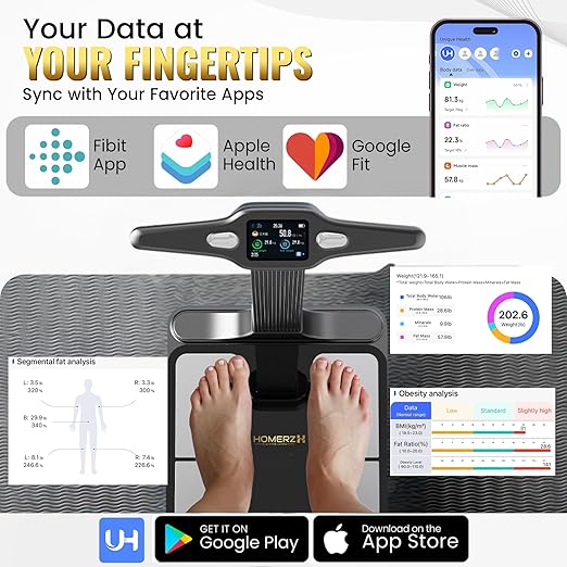 Homerz Smart Scale Pro Max – Bend-Free Smart Scale with BMI, Body Fat, Muscle Mass, Full Body Composition Scale with Digital Weight Tracking, Body Scan Scale with Handle, Body Fat Scanner