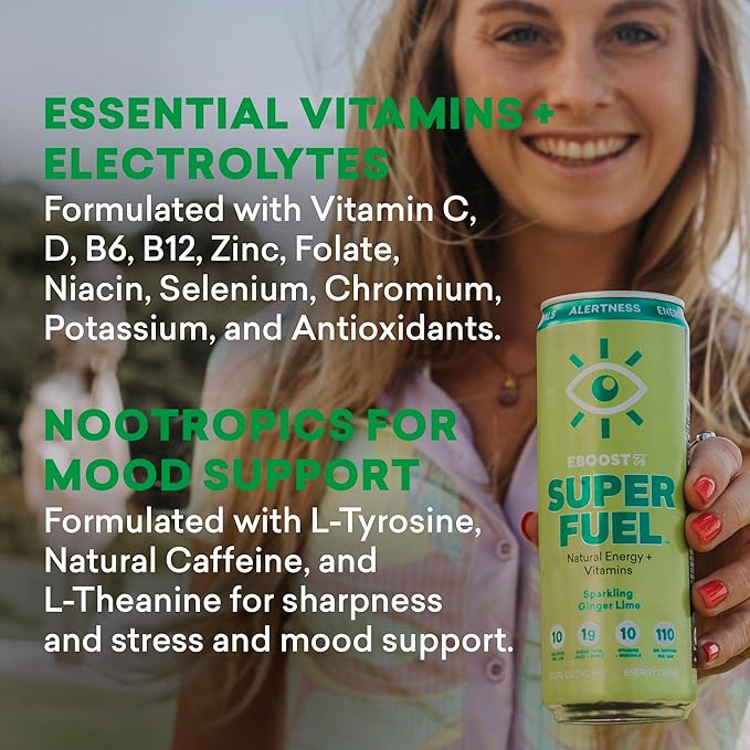 EBOOST Super Fuel Healthy Energy Drink - Caffeine from Natural & Clean Ingredients For Focus and Productivity -Taurine Free Pre-Workout With Electrolytes, Nootropic & Vitamins - Ginger Lime, 12 Pack
