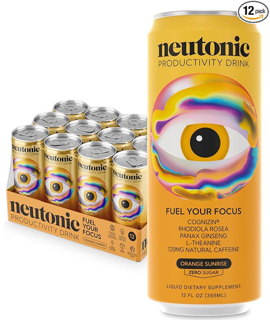 Neutonic Nootropic Productivity Energy Drink | Orange Sunrise 12 Cans | 120mg Natural Caffeine, Zero Sugar | Support Memory, Mental Clarity, Cognitive Function | Boost Focus, Energy, Brain Health
