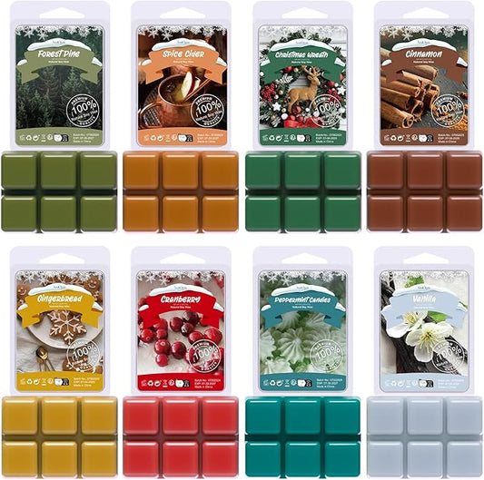 Winter Scented Wax Melts, Holiday Scented Wax Melts, Strong Scented Soy Wax Cubes/Tarts for Warmer, Candle Wax Melts for Home, Forest Pine，Spiced Cider，Cinnamon，Cranberry, 8x2.5oz