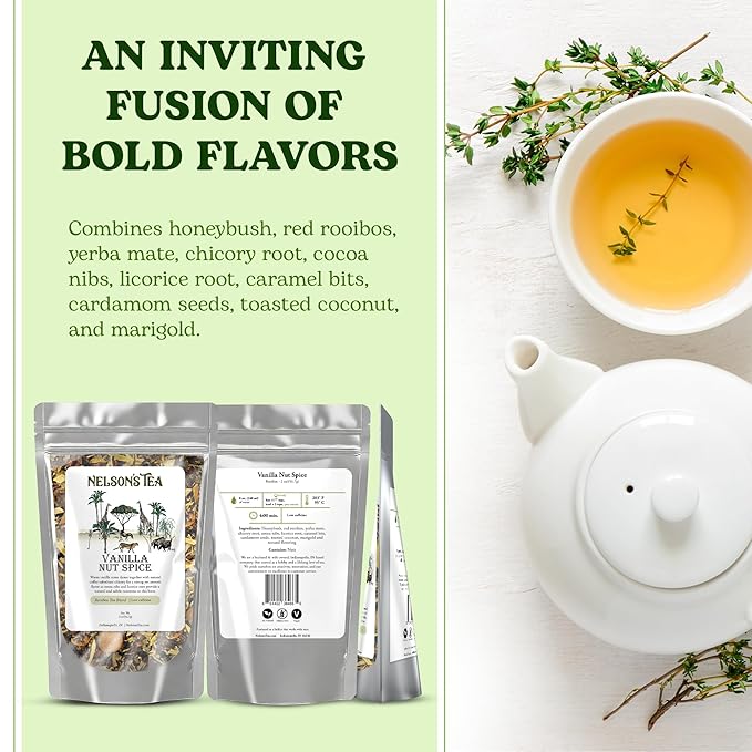 Nelson's Tea Vanilla Nut Spice - Cut & Sifted, Low Caffeine Rooibos Loose Leaf Tea with Honeybush, Yerba Mate, Chicory Root, Licorice Root, Cardamom Seeds, Coconut and Marigold Herbal Blend (2 oz)