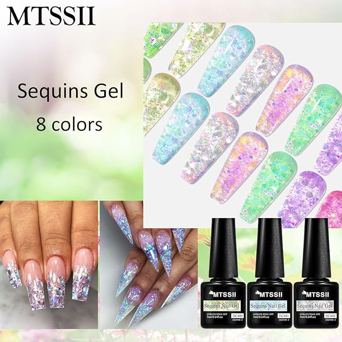 MTSSII Jelly Glitter Gel Nail Polish Set 8 Pcs Transparent Glass Flowinglight Gel Polish Sheer Shiny Sequins Pink Blue Green Purple Gel Nail Kit for Nail Art DIY Manicure at Home