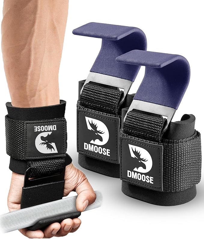 DMoose Fitness Weight Lifting Hooks (Pair) for Deadlifts, Pull Ups, Rows & Shrugs - Anti-Rip Nylon Strap Hand Grips with Thick Wrist Padding - Heavy Duty Wrist Straps for Weightlifting & Gym Workouts