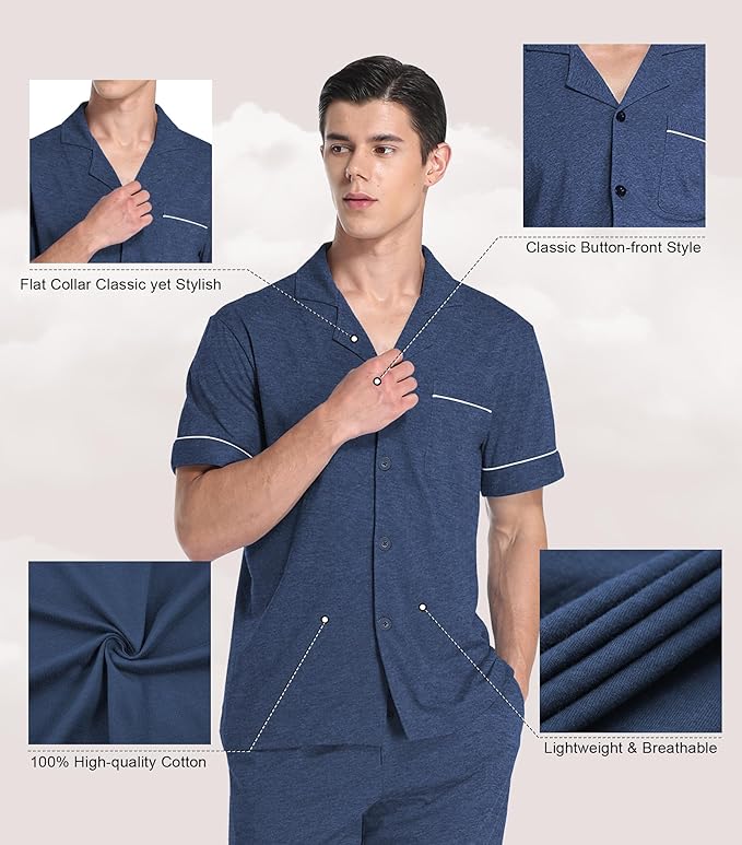 COLORFULLEAF Men's 100% Cotton Pajamas Set Button Down Sleepwear Short Sleeve and Long Pants Pjs
