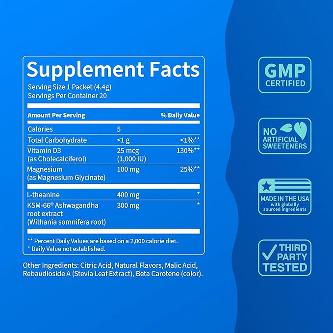 Nello Supercalm Powdered Drink Mix, Tropical Tangerine, L Theanine, Ksm-66 Ashwagandha, Magnesium Glycinate, Vitamin D 3, Supplements for Relaxation & Focus, Natural, No Sugar, Non GMO, 20 Srvg
