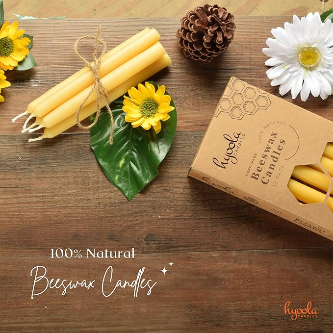 Hyoola 6 Inch Beeswax Taper Candles 12 Pack - Handmade, All Natural, 100% Pure Unscented Bee Wax Candle - Tall, Decorative, Golden Yellow - 6 Hour Burn Time