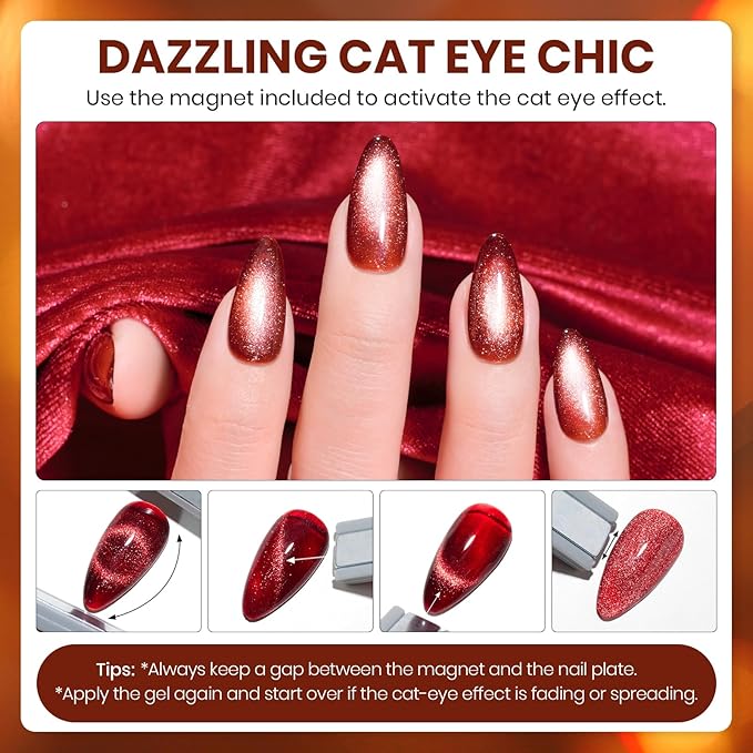 Beetles Fall Gel Nail Polish Set – Opulent Glow Cat Eye Gel Polish, 20 Colors Red Orange Yellow Glitter Brown, Soak Off UV LED with Base Glossy Matte Top Coat for DIY Manicure Gift for Women