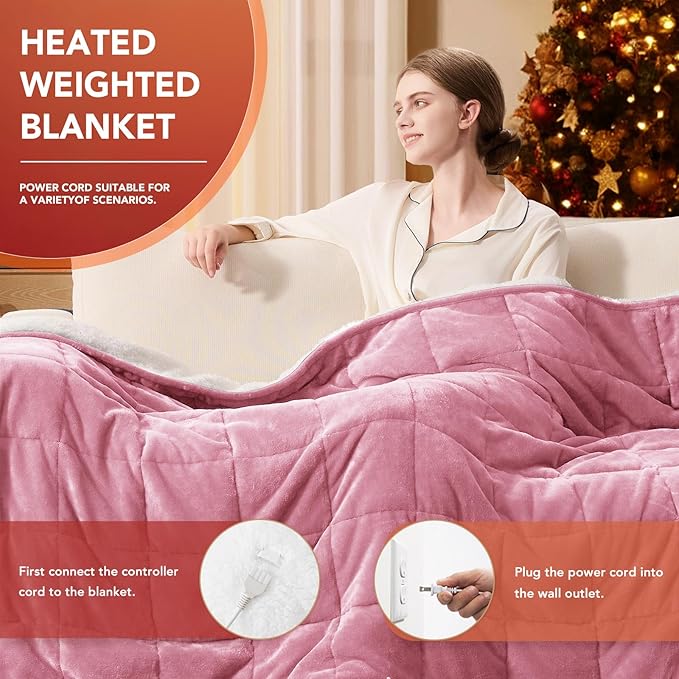 Homemate Heated Weighted Blanket for Adults - 62"x84" 15lbs Electric Throw Fast Heating Heavy Blanket 1/2/4/6/8 Hour Auto Off 10 Heat Levels Over-Heat Protection Soft Flannel Sherpa