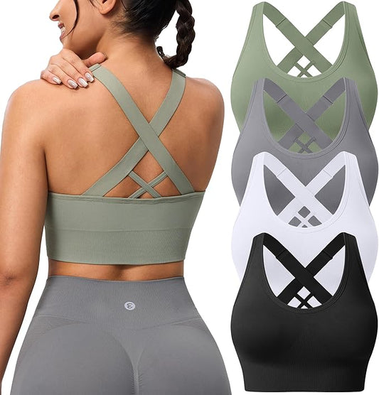 Evercute Sports Bra for Women Padded Medium Support Criss Cross Strappy Bras Seamless High Impact Yoga Exercise Athletic Bras