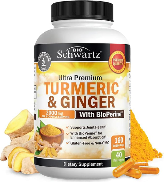 BioSchwartz Turmeric Curcumin and Ginger 2,000 mg 95% Curcuminoids + BioPerine Black Pepper for 20× Absorption – Joint & Knee Support, Heart, Immune & Digestive Support – Non-GMO, Vegan, 160 Caps