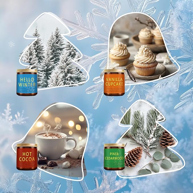 Winter Candle Set | 4 Pack Scented Candles for Home | Holiday Gifts for Women Men | Soy Candles for Home Scented | Christmas Scents of Hello Winter/Pine&Cedarwood/Hot Cocoa/Vanilla Cupcake