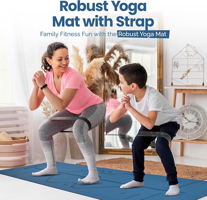 Robust Non-Slip Yoga Mat with Strap, 1/4" Thick TPE Eco-Friendly Workout Mat for Yoga with Position Lines and Texture Surface, Gym Mat for Women, Men, Pilates and Exercises Anti-Tear Sweat-Proof Exercise Mat