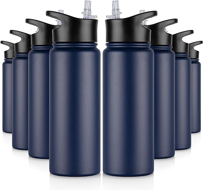 24 oz Insulated Water Bottle Bulk 8 Pack, Stainless Steel Sports Water Bottles with Straw Lid & Wide Mouth Lids, Double Walled Vacuum, Leak Proof, Blue
