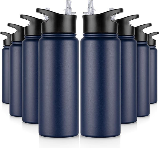 24 oz Insulated Water Bottle Bulk 8 Pack, Stainless Steel Sports Water Bottles with Straw Lid & Wide Mouth Lids, Double Walled Vacuum, Leak Proof, Blue