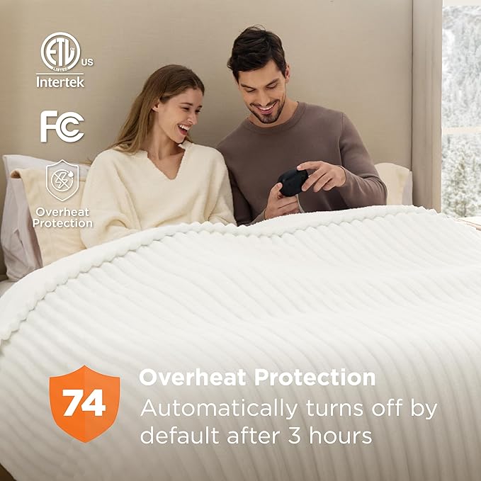 Bedsure Electric Blanket King Size - Thick Striped Flannel Electric Blanket with Dual Control, Heating with 10 Heat Settings & 10 Time Settings, 8 hrs Timer Auto Shut Off (90x100 inches, White)