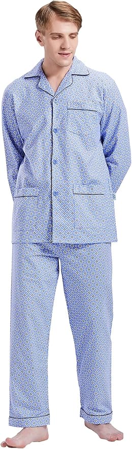 GLOBAL Men's Pajamas Sets 100% Cotton Flannel Sleepwear Long-Sleeve top & Bottom
