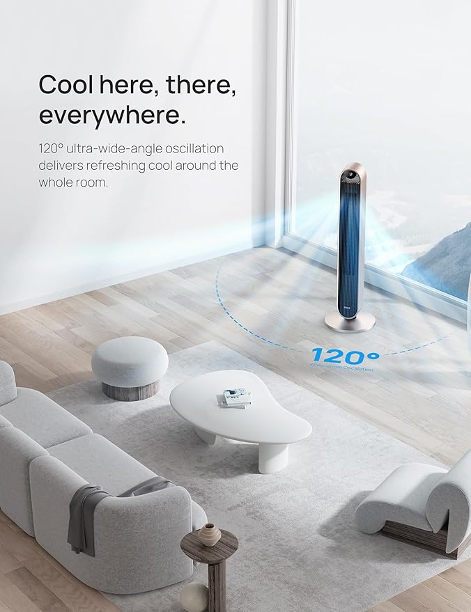 Dreo Smart Tower Fan Voice Control, 120° Oscillating Fan Works with Alexa/Google/App/Remote, 42 Inch, 25dB Quiet DC Bladeless Fan for Bedroom,12 Speeds, Floor Fan for Home, Office, Pilot Max S