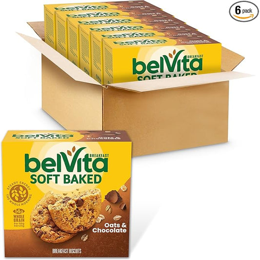 belVita Soft Baked Breakfast Bars, Oats & Chocolate, 6 Boxes of 5 Packs (1 Biscuit Per Pack)