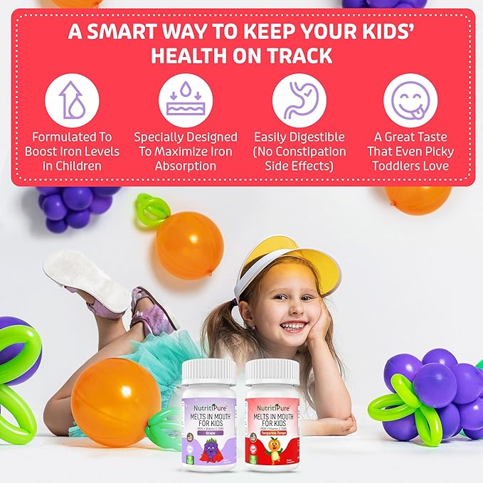 Kids Chewable Iron Supplement, Ferronyl® Carbonyl Iron 9 mg, Vitamin C 30 mg, Grape Flavor, 90 Tablets (2 Bottles)