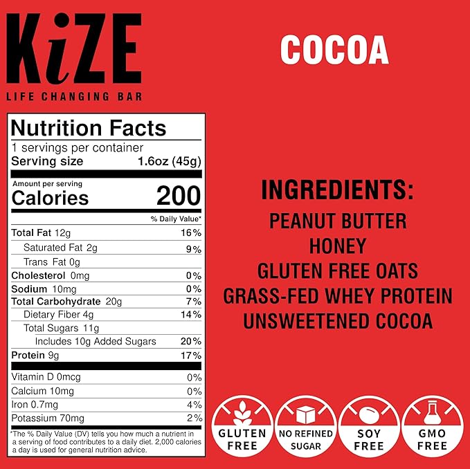 KiZE Energy Bars - Cocoa - 20-Count - Gluten Free, Non-GMO, and High Protein Meal Replacement Energy Bars, Clean and Simple Food Ingredients - 10g High Protein Snacks (20 Count)