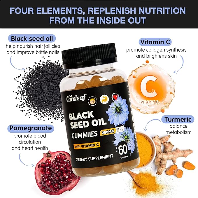 Black Seed Oil Gummies with Turmeric & Pomegranate | 200mg Antioxidant Supplement for Immune Support, Skin & Heart Health | Vitamin C Enriched for Hair & Nails | Natural Vegan Gummy