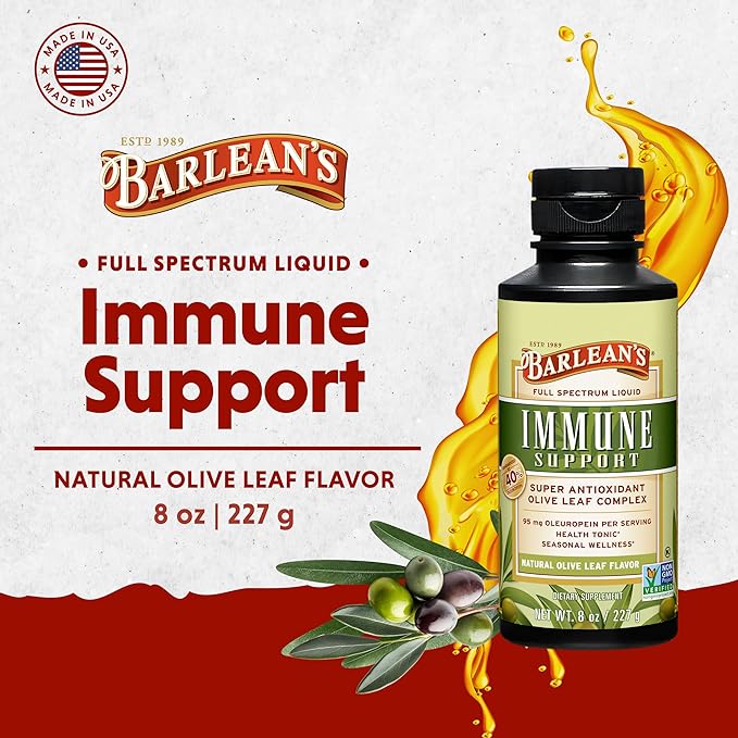 Barlean's Olive Leaf Complex Liquid Immune Support Supplement, 95mg Oleuropein Antioxidants, 8 oz
