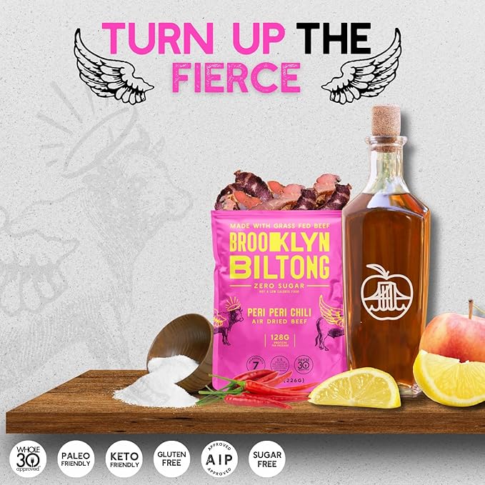 Brooklyn Biltong Air Dried Grass Fed Beef Snack, South African Beef Jerky (2 oz, Pack of 2) - Whole30 Approved, Paleo, Keto, Gluten Free, Sugar Free, Made in USA - (Peri Peri)